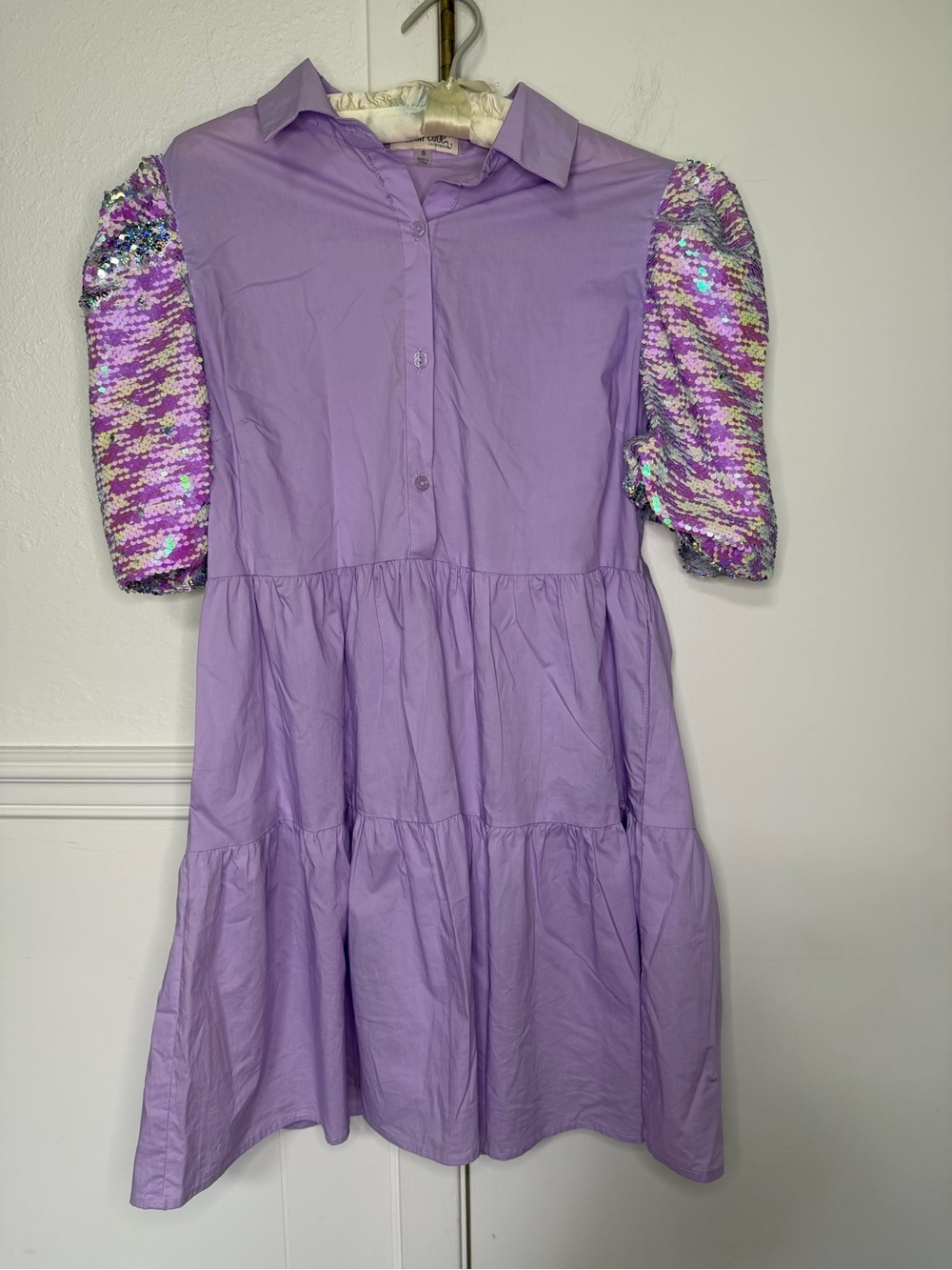 Peach Love Lavender Tiered Dress Iridescent Sequin Puff Sleeves size S